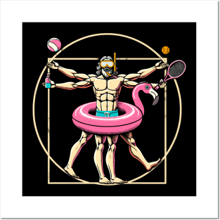 Pool Party Pink Flamingo Vitruvian Man Novelty Funny Summer Posters and Art